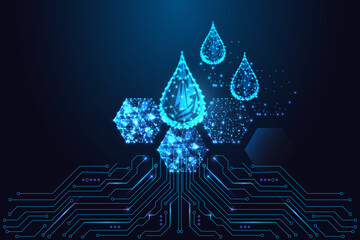 Glowing droplets above digital hexagons on circuit board, biotech liquid data vector illustration
