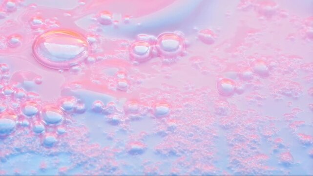 Abstract pastel pink and blue liquid background with bubbles and foam texture