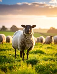 Close-up of a sheep with a black face standing proudly in a vibrant green pasture. Background shows other sheep and a warm sunset