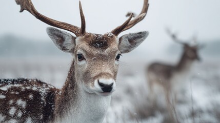 Obraz premium Majestic fallow deer stands beautifully in a snowy winter landscape