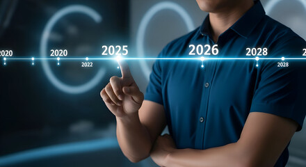 Man Interacting with Digital Timeline Showing Future Years and Business Goals.