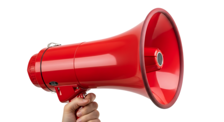 Hand holding a bright red megaphone, with a metallic handle and speaker grill, isolated on a transparent background, cutout, PNG