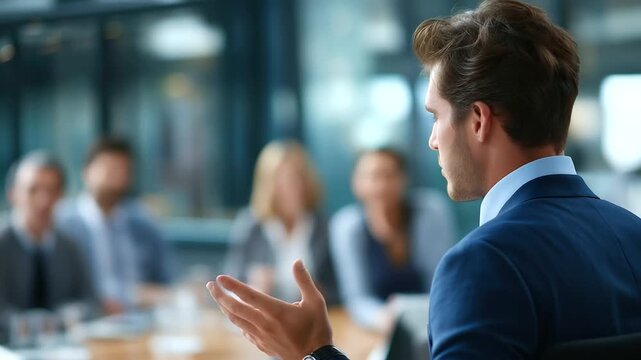 Man presenting in boardroom with faceless coworkers corporate business seminar professional meeting financial training company growth discussion teamwork leadership workshop