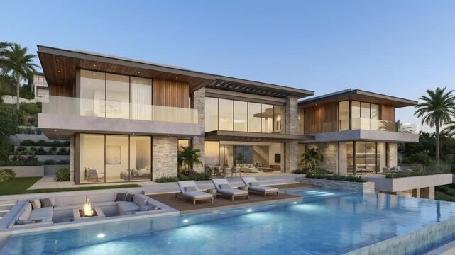 A stunning modern luxury residence showcases exquisite contemporary architecture under a clear, bright sky. The multi-level home features expansive floor-to-ceiling glass windows, stone cladding, and 