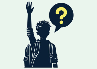 Student with backpack on his back raised his hand up, black and white vector silhouette