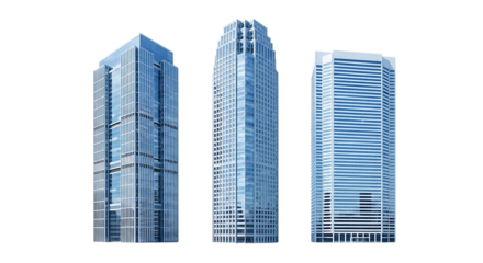 Three modern glass skyscrapers, with blue accents and distinct architectural designs, isolated on a transparent background, cutout, PNG