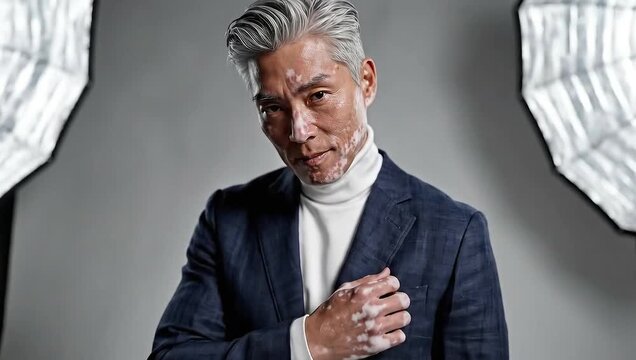 A dapper senior Asian man with vitiligo confidently poses for a studio portrait between two large softbox lights