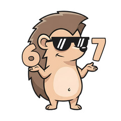 Fototapeta premium A cool hedgehog with sunglasses holding number 6 and 7 in hand shows off a playful and stylish appearance. png transparent background