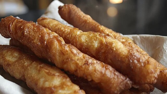 A tantalizing close-up shot showcases a stack of golden-brown fried dough pastries, each boasting a wonderfully crispy and subtly glazed exterior. These elongated, sweet treats are artfully arranged, 