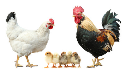 Rooster, hen and chicks on white background. Animal family