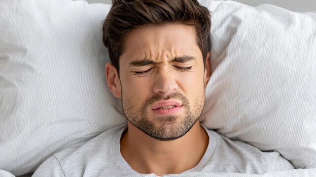 A man makes a disgusted face while lying in bed, covered by white bedding.