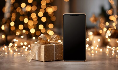 Golden gift box and modern smartphone standing on a gray surface with glittering bokeh lights creating a festive holiday atmosphere