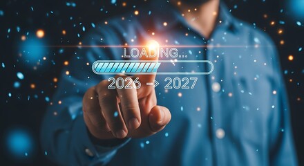 Man touching virtual screen with loading bar transitioning from 2026 to 2027, symbolizing future technology and progress.