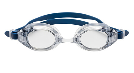 Clear swimming goggles, with blue strap and white lenses, isolated on a transparent background, cutout, PNG