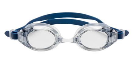 Clear swimming goggles, with blue strap and white lenses, isolated on a transparent background, cutout, PNG
