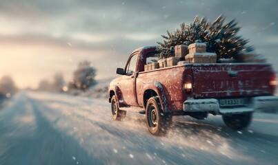 Red pickup truck driving on a snowy winter road, carrying a christmas tree and many wrapped gifts during snowfall