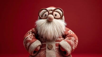 Animated figure of a jolly, bespectacled old man with a long white beard and festive knitwear, set against a vibrant red backdrop