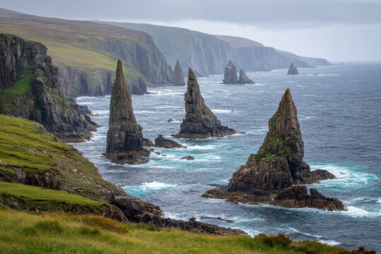Dramatic Coastal Cliffs and Sea Stacks Under an Overcast Sky in Scotland United Kingdom Featuring Jagged Rocks and Green Vegetation Against Blue Waves