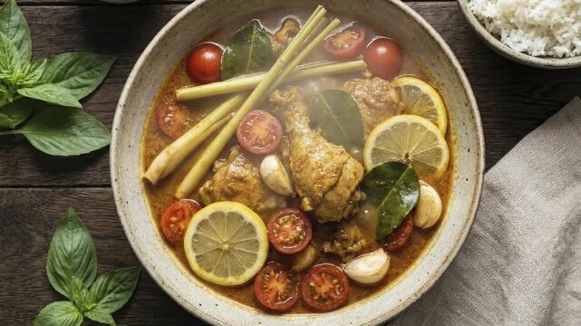A vibrant and appetizing close-up, overhead shot showcases a steaming bowl of a richly flavored chicken stew, brimming with fresh, colorful ingredients. Succulent chicken pieces are simmered in an aro