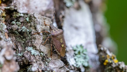 Brown mottled shield bug climbing bark on tree trunk during springtime