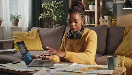 A focused woman with braided hair analyzes data charts on papers and a laptop while working from her cozy living room - Powered by Adobe