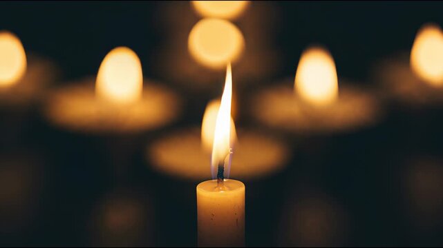 Close-up of a lit candle with soft glowing flames surrounded by out-of-focus candles. This image conveys a sense of warmth and tranquility, suitable for themes of meditation, relaxation,