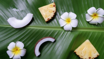 Tropical fruits and frangipani flowers on green leaf for summer vibes background