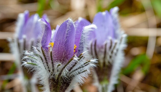 Close-up of purple pasque flowers with blurry background in soft natural light