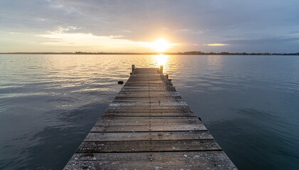 Obraz premium Wooden pier over sea with sun rays at sunset amazing idyllic water view landscape
