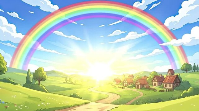 A vibrant animated landscape features a full spectrum rainbow arching majestically across a bright blue sky, adorned with fluffy white clouds. Golden sunshine bathes rolling green hills, dotted with l
