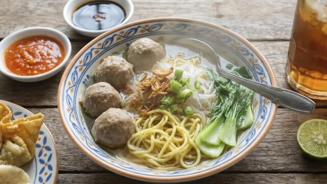 A vibrant, close-up overhead shot showcases a beautifully arranged bowl of savory noodle soup, rich with tender meatballs, a delightful mix of yellow egg noodles and delicate rice vermicelli, and cris