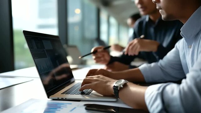 Two Indian faceless workmates at desk with laptop presenting concept project collaboration professional mentoring business strategy sharing corporate teamwork modern office