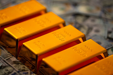 American dollars and gold. Finance background with golden metal and currency. Gold bars and deposit. Banking theme with pure gold and income. Rich lifestyle concept with gold and investment.