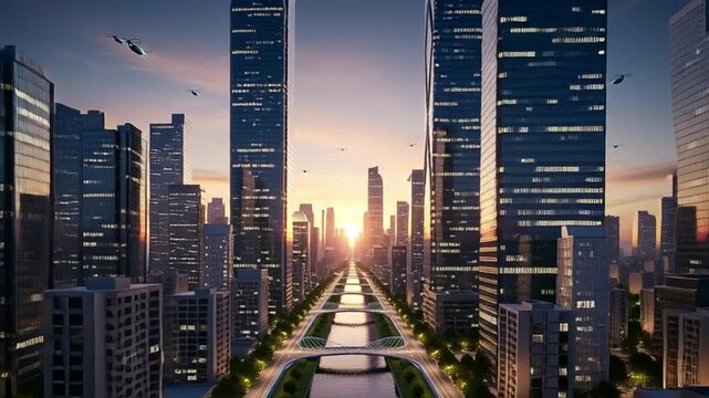 Futuristic city skyline at sunset with elevated walkways and waterway