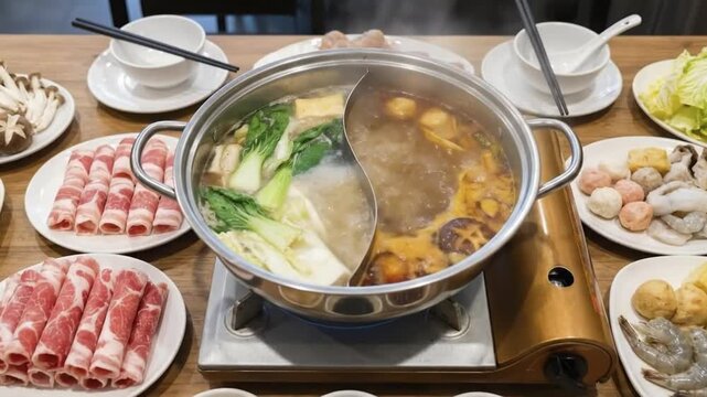 A vibrant, overhead shot showcases a delicious hot pot meal, ready to be enjoyed. A stainless steel split pot, bubbling vigorously with two distinct broths, sits atop a portable gas stove, emitting ta