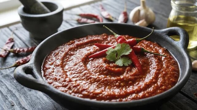 A vibrant, rustic composition highlights a rich, red chili sauce or paste, garnished with fresh red chilies and bright green cilantro, resting in a dark, textured bowl. The scene is artfully arranged 