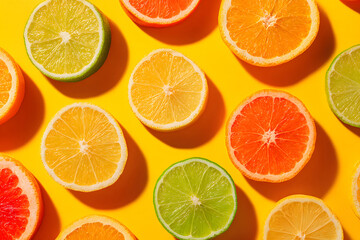Fototapeta premium Colorful citrus fruits arranged on a bright yellow background for a vibrant summer display