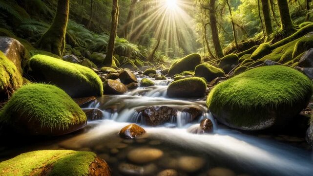 Sunlight filters through trees onto a serene forest stream with mossy rocks