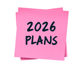 Future goals concept with 2026 plans on pink sticky note on transparent background, PNG