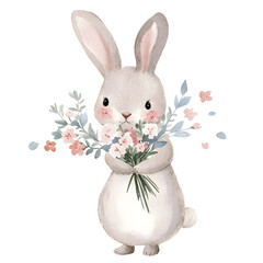 Obraz premium watercolor illustration of a spring bunny holding flowers detailed yet washy washy watercolor illustration paper texture textured illustration soft and