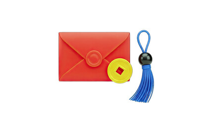 Red Envelope, Gold Coin, and Blue Tassel on White Background