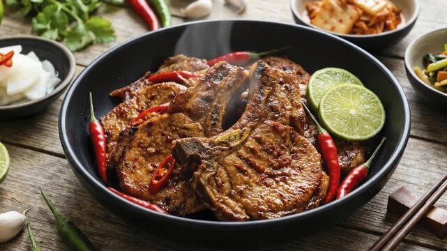 A visually appealing close-up shot of sizzling, grilled meat cuts, likely pork chops, served in a sleek black bowl. The succulent meat, adorned with vibrant red chili peppers and fresh lime slices, ex
