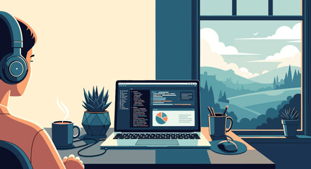 Person coding on laptop with headphones overlooking landscape view