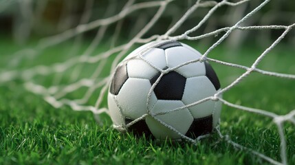 Obraz premium Close-up of a soccer ball resting in the net, viewed from an angle. Fresh green grass visible in the foreground with the goal net