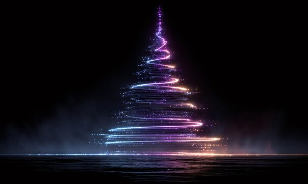 Abstract christmas tree of glowing light particles forming a spiral on dark background, representing festive celebration and new year