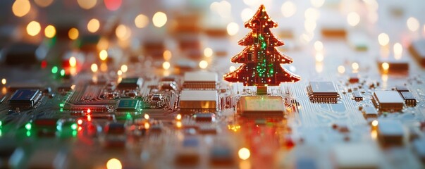 Christmas tree standing on a glowing microchip circuit board, symbolizing technology's role in future holiday celebrations and innovation