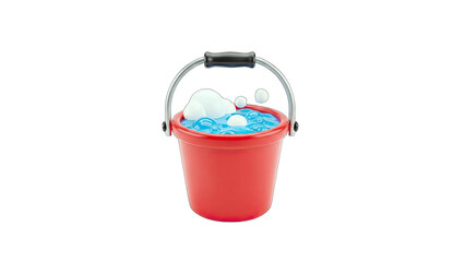 Red Bucket with Soapy Water and Bubbles on White Background