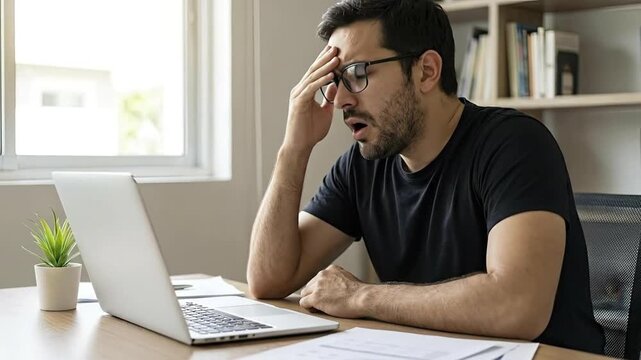A young man in glasses sits at a desk, displaying clear signs of frustration and stress while looking intently at a laptop screen. With his hand pressed against his forehead, he conveys a sense of ove