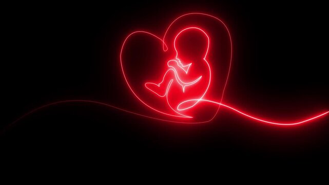 Neon baby embryo in womb icon representing pregnancy, fertility and prenatal development. Glowing neon style symbol suitable for medical design, women healthcare, maternity, gynecology, fertility