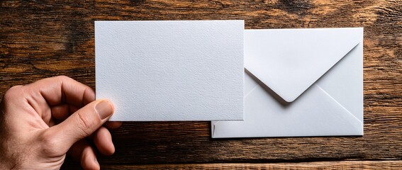 hands writing Empty cards on wooden table.